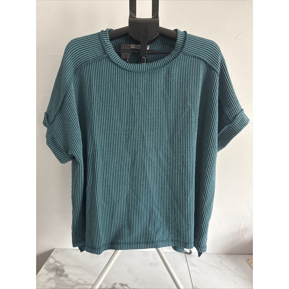 Zenana Waffle Knit Short Sleeve Top Teal Blue Green Oversized Women Plus 1X/2X